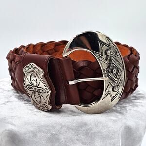 Boho Style Western Belt Made in Mexico Silver Tone Buckle Brown Leather